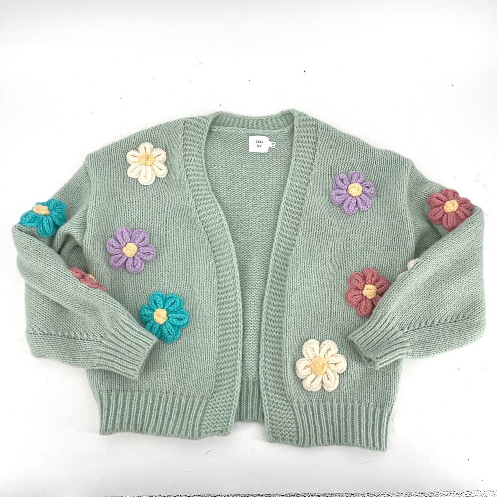 Luna Ivy Women's M Oversized Short Spring Green Chunky Knit Daisy Cardigan - Picture 3 of 8